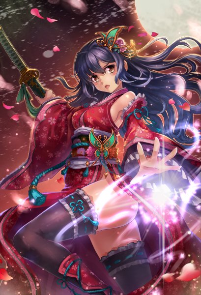 Anime picture 818x1200 with original miazi single long hair tall image looking at viewer blush open mouth black hair brown eyes traditional clothes japanese clothes girl thighhighs weapon black thighhighs detached sleeves petals sword kimono
