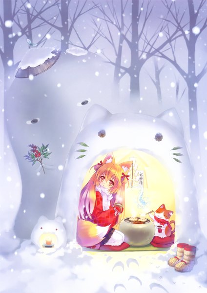 Anime picture 3253x4602 with original carnelian long hair tall image highres absurdres orange hair orange eyes fox ears fox tail fox girl snowing winter snow eating girl plant (plants) tree (trees) food scarf