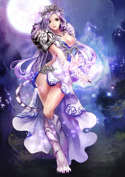 Anime picture 800x1132 with zzoggomini single long hair tall image breasts blue eyes light erotic large breasts standing animal ears looking away purple hair tail animal tail light smile night night sky magic tiger ears tiger tail
