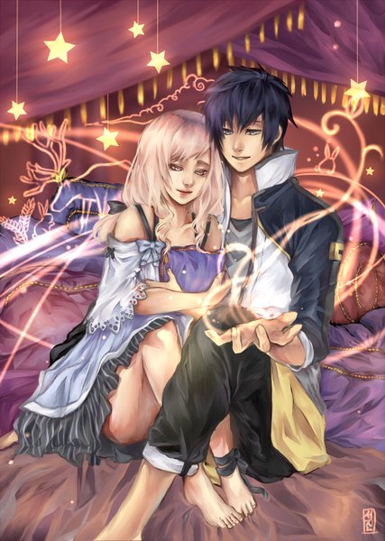 Anime picture 641x900 with original seo-jin long hair tall image fringe short hair blonde hair smile sitting blue hair pink hair pink eyes barefoot light smile open clothes open jacket grey eyes no shoes couple hug