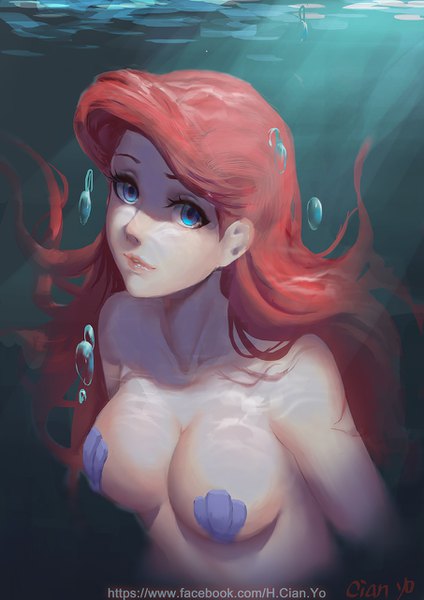 Anime picture 905x1280 with the little mermaid disney ariel cian yo single long hair tall image looking at viewer breasts blue eyes light erotic signed upper body red hair lips realistic lipstick covered nipples topless underwater