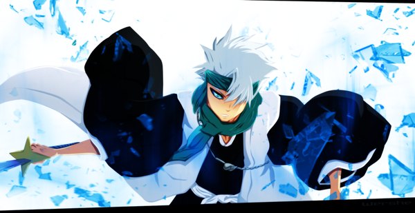 Anime picture 1800x927 with bleach studio pierrot hitsugaya toushirou wershe single fringe highres short hair blue eyes simple background wide image white background white hair traditional clothes japanese clothes hair over one eye coloring boy weapon sword