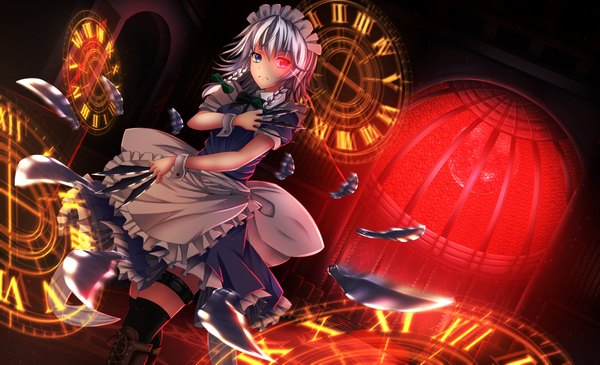 Anime picture 1901x1158 with touhou izayoi sakuya ddfftasogare highres short hair blue eyes wide image silver hair braid (braids) maid heterochromia twin braids red moon girl dress boots headdress maid headdress moon apron