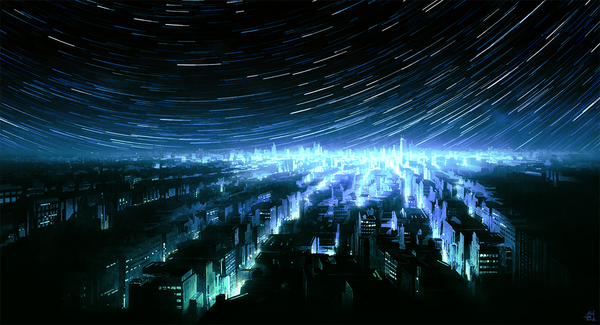 Anime picture 1200x650 with original mocha (cotton) wide image signed blurry night depth of field night sky city cityscape no people glow city lights building (buildings) star (stars)