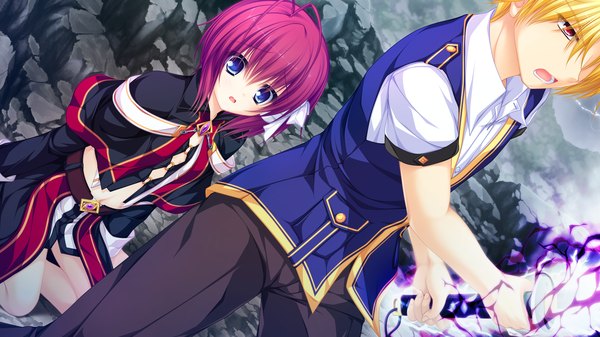 Anime picture 1920x1080 with justy nasty whirlpool (studio) kuroki kirie mikagami mamizu highres short hair open mouth blue eyes blonde hair red eyes wide image game cg red hair girl boy weapon sword