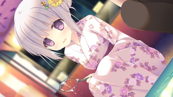 Anime picture 1280x720 with sora tobu hitsuji to manatsu no hana shiina tyris eluard hazumi rio single long hair blush wide image game cg traditional clothes japanese clothes hair flower loli tears squat sad girl hair ornament flower (flowers) water kimono