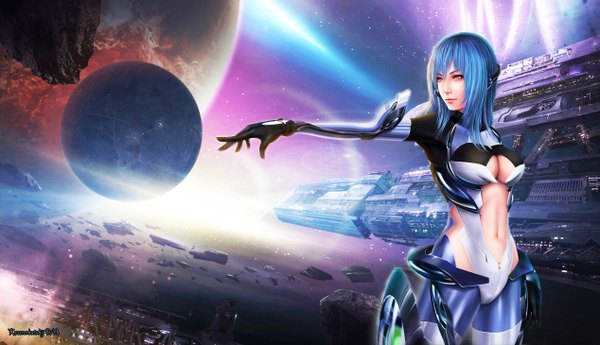 Anime picture 2533x1460 with kos-mos tagme (artist) highres short hair breasts light erotic red eyes wide image blue hair space pointing girl gloves navel star (stars) bodysuit planet watercraft ship