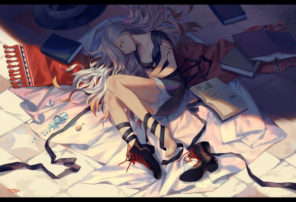 Anime picture 1140x780 with original yamakawa single long hair looking at viewer signed yellow eyes cleavage silver hair full body bent knee (knees) lying multicolored hair orange hair two-tone hair shadow no shoes on side letterboxed gradient hair