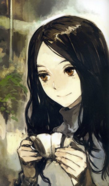Anime picture 1500x2549 with lenten rose humi (artist) single long hair tall image black hair smile brown eyes girl cup