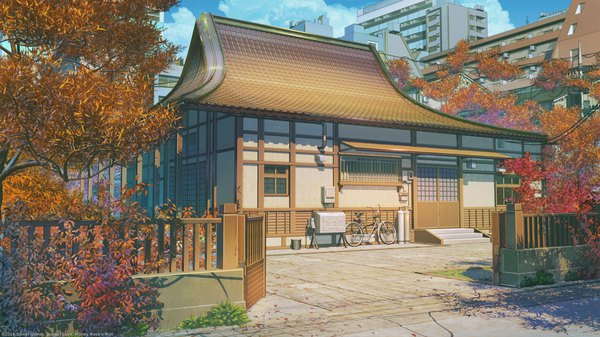 Anime picture 1920x1080 with love money rock'n'roll arsenixc highres wide image sky cloud (clouds) shadow no people architecture plant (plants) tree (trees) leaf (leaves) building (buildings) ground vehicle fence autumn leaves house sliding doors bicycle japanese house