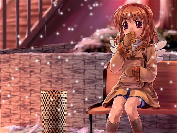 Anime picture 1024x768 with kanon key (studio) tsukimiya ayu mutsuki (moonknives) snowing winter snow girl wagashi taiyaki