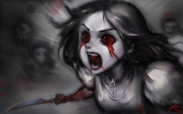 Anime picture 1600x1000 with american mcgee's alice (game) alice: madness returns alice (american mcgee's) phantom (ptcrow) single long hair open mouth black hair red eyes holding signed lips monochrome screaming bleeding girl pendant blood knife