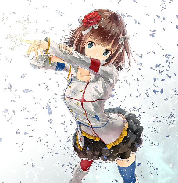 Anime picture 1000x1027 with idolmaster idolmaster movie amami haruka yae (mono110) single tall image looking at viewer short hair brown hair hair flower different thighhighs girl thighhighs skirt hair ornament flower (flowers) ribbon (ribbons) hair ribbon miniskirt boots