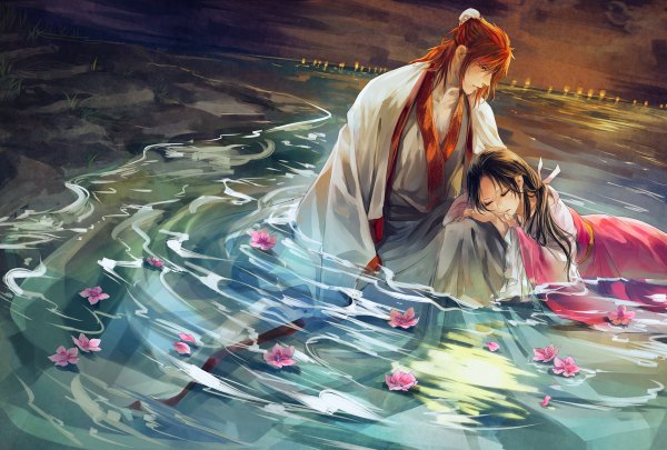 Anime picture 1200x810 with magi the labyrinth of magic a-1 pictures ren hakuei ren kouen mak (kainemaru) long hair short hair black hair sitting looking away red hair lying eyes closed traditional clothes japanese clothes sleeping brother and sister girl boy flower (flowers)