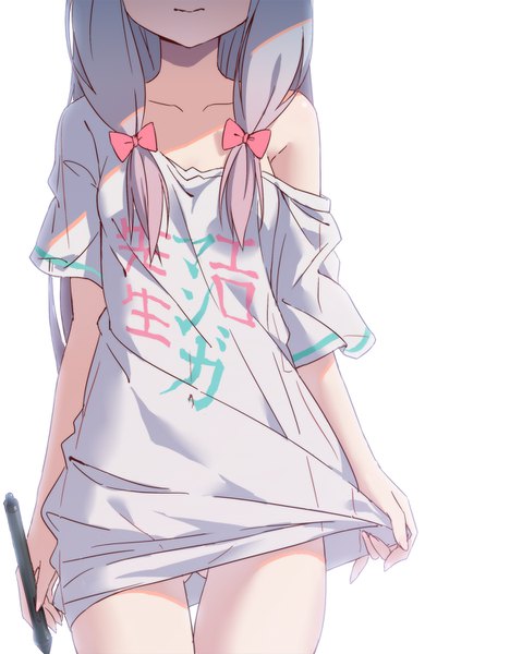 Anime picture 1169x1500 with eromanga sensei a-1 pictures izumi sagiri ttc single long hair tall image light erotic simple background standing white background silver hair light smile shadow ass visible through thighs head out of frame clothes writing girl bow hair bow