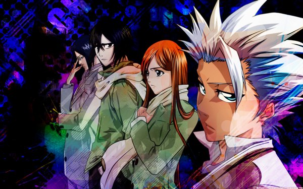 Anime picture 1920x1200 with bleach studio pierrot inoue orihime ulquiorra schiffer hitsugaya toushirou ishida uryuu highres black hair wide image blue hair white hair orange hair dark skin espada girl boy scarf