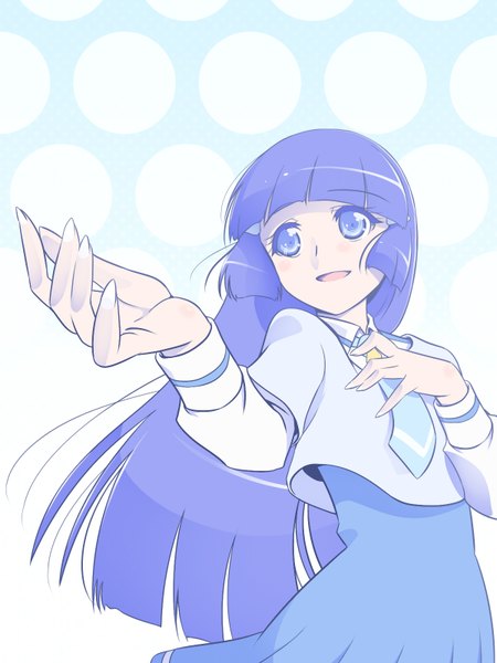 Anime picture 1200x1600 with precure smile precure! aoki reika k.sho single long hair tall image blush fringe open mouth blue eyes blue hair blue background polka dot polka dot background girl