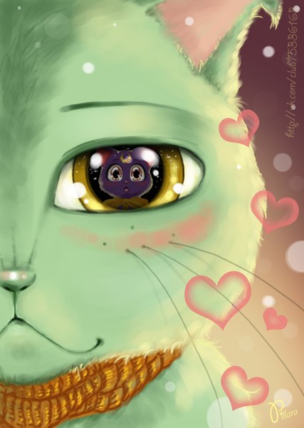 Anime picture 2880x4045 with bishoujo senshi sailor moon toei animation luna (sailor moon) red hunter (sailor moon) pillara tall image looking at viewer blush highres signed yellow eyes couple reflection animal heart cat