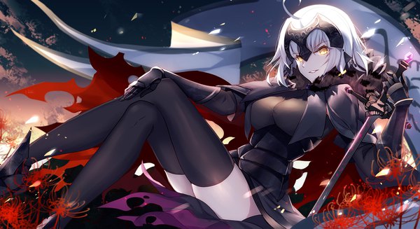 Anime picture 1920x1047 with fate (series) fate/grand order fate/apocrypha jeanne d'arc (fate) (all) jeanne d'arc alter (fate) bison cangshu single looking at viewer highres short hair breasts light erotic wide image sitting yellow eyes ahoge white hair crossed legs hand on knee girl