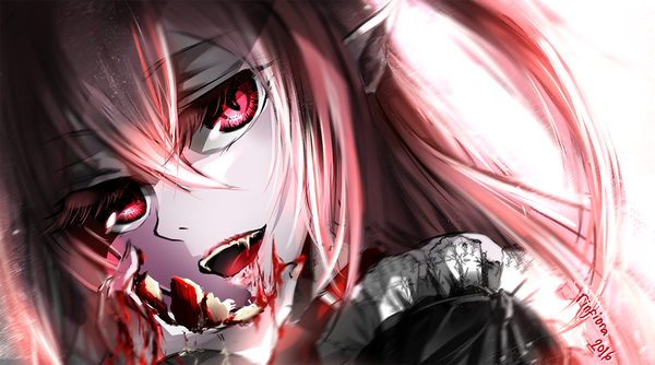 Anime picture 1280x713 with owari no seraph wit studio kururu tepes luna lifiora rinfiora single long hair looking at viewer fringe open mouth hair between eyes wide image white background signed pink hair pink eyes pointy ears fang (fangs) dated close-up