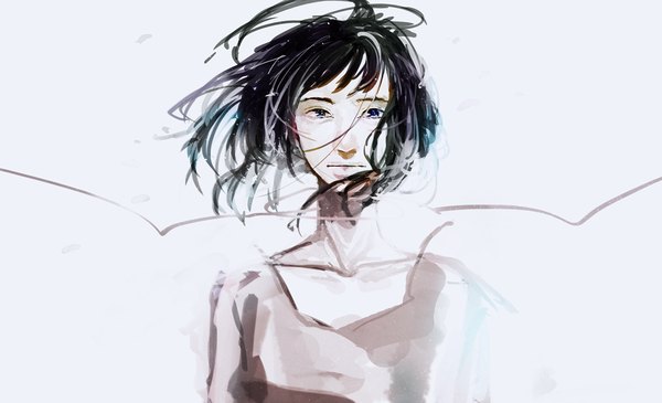 Anime picture 1200x731 with original pege (artist) single looking at viewer short hair blue eyes black hair simple background wide image bare shoulders wind girl