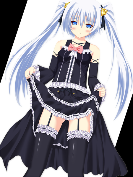 Anime picture 1000x1333 with original kokago (tifanars) single long hair tall image blush blue eyes twintails white hair dress lift girl thighhighs dress ribbon (ribbons) black thighhighs hair ribbon detached sleeves frills