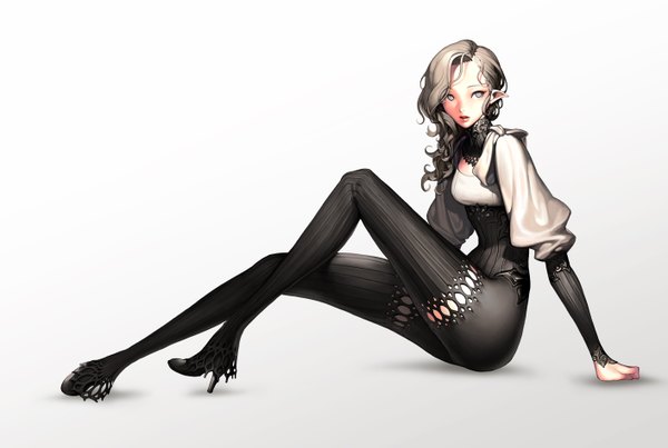 Anime picture 5648x3794 with blade & soul kun (blade & soul) kim hyung tae single highres simple background white background absurdres pointy ears official art grey eyes girl shoes