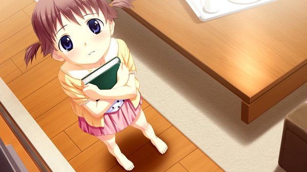 Anime picture 1024x576 with suigetsu 2 short hair blue eyes brown hair wide image game cg barefoot girl skirt miniskirt book (books) child (children)