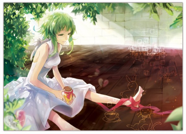 Anime picture 1200x864 with vocaloid gumi rahwia single long hair green eyes green hair legs framed girl dress ribbon (ribbons) plant (plants) animal white dress cat cup bunny teacup tea