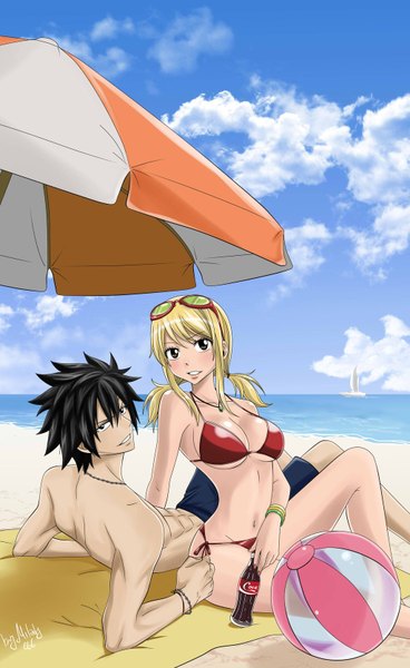 Anime picture 1024x1666 with fairy tail coca-cola lucy heartfilia gray fullbuster milady666 long hair tall image blush short hair black hair blonde hair smile twintails brown eyes sky cloud (clouds) black eyes beach muscle girl