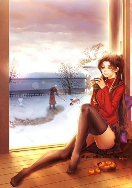 Anime picture 1000x1419 with fate (series) fate/stay night type-moon toosaka rin archer (fate) bai hu kun (nollxmai) long hair tall image short hair brown hair sitting twintails white hair one eye closed wink no shoes watermark winter scenic girl
