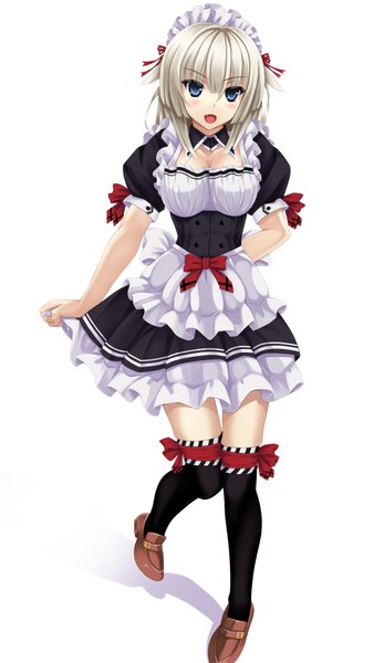 Anime picture 2418x4292 with original mukadero single long hair tall image blush highres open mouth blue eyes white background white hair maid girl thighhighs dress uniform black thighhighs headdress maid headdress