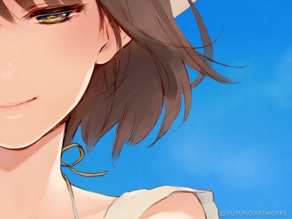Anime picture 800x600 with original yuranpo single looking at viewer short hair brown hair signed yellow eyes sky light smile wind lips portrait close-up face girl dress swimsuit hat white dress