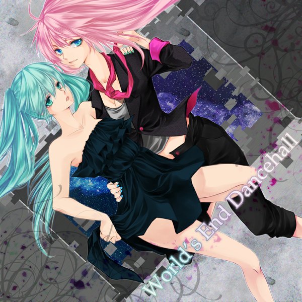 Anime picture 1000x1000 with vocaloid world's end dancehall (vocaloid) hatsune miku megurine luka reika (artist) long hair looking at viewer blue eyes twintails bare shoulders multiple girls pink hair aqua eyes aqua hair girl dress 2 girls necktie suit