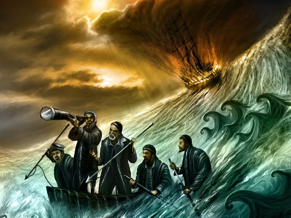 Anime picture 1200x900 with alexiuss sky sunlight group destruction old man water sea watercraft wave (waves) ship boat spyglass moby dick