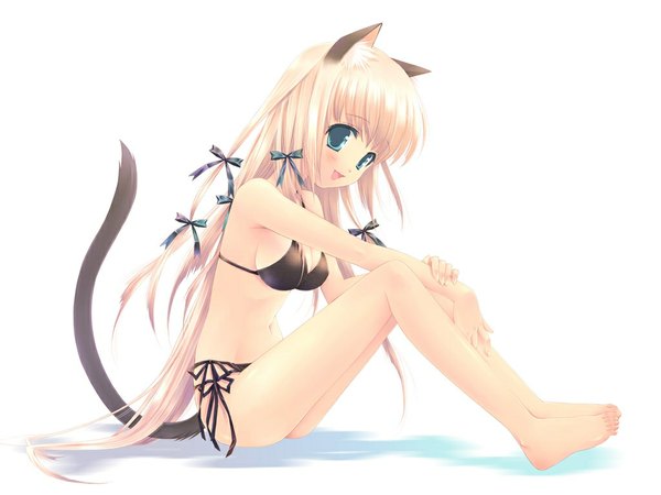 Anime picture 1024x768 with original touto seiro toto seiro white background animal ears tail barefoot cat ears cat girl soles girl swimsuit bikini black bikini