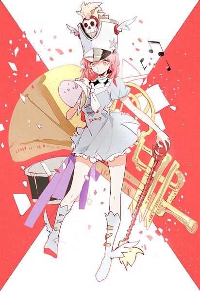 Anime picture 750x1090 with kill la kill studio trigger jakuzure nonon nanobe single tall image short hair payot pink hair full body pink eyes looking down girl dress hat knee boots staff musical instrument blue dress musical note