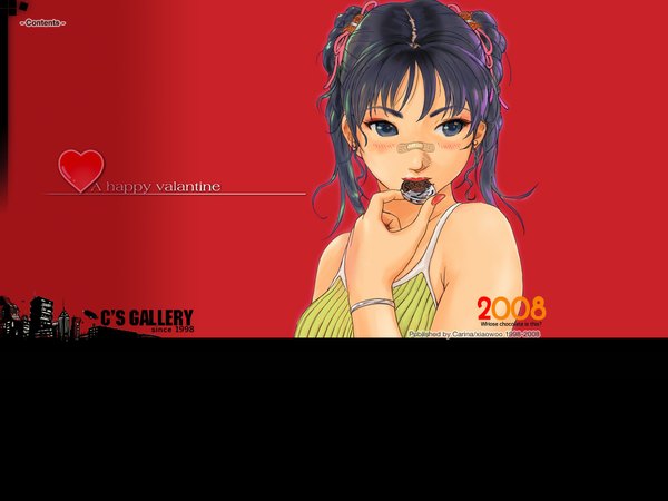 Anime picture 1024x768 with original carina (xiaowoo) valentine bandaid on nose ranguage engrish food sweets bandaid chocolate