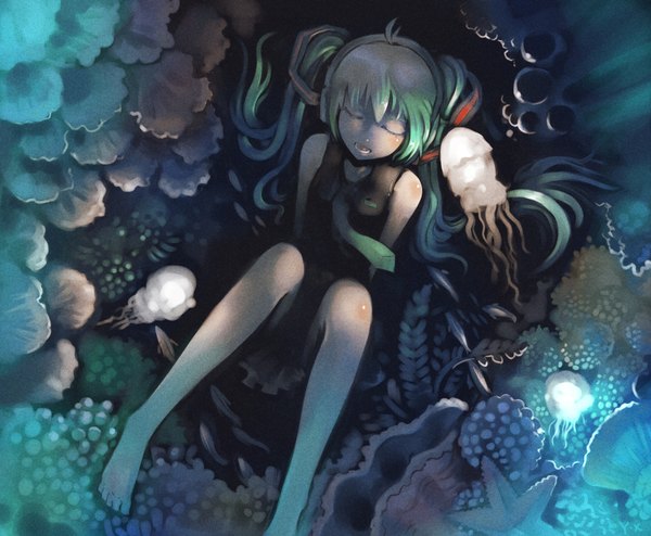 Anime picture 2007x1653 with vocaloid shinkai shoujo (vocaloid) hatsune miku yuushoku blush fringe highres open mouth twintails bare shoulders eyes closed very long hair aqua hair no shoes singing girl underwear plant (plants) necktie headphones