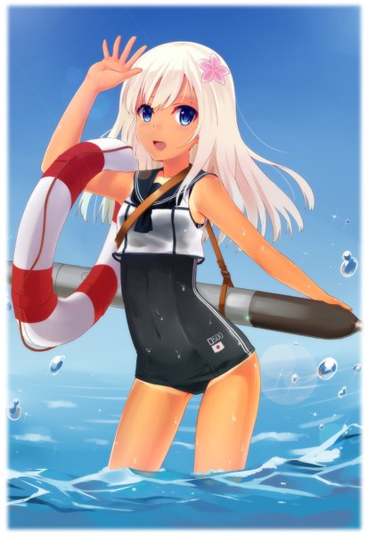 Anime picture 1024x1488 with kantai collection ro-500 submarine mizuki ame single long hair tall image looking at viewer open mouth blue eyes white hair girl swimsuit bubble (bubbles) lifebuoy