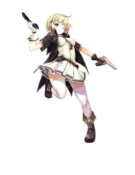 Anime picture 640x826 with girls frontline m1911 (girls frontline) single tall image short hair breasts blue eyes light erotic simple background blonde hair large breasts standing white background full body ahoge bent knee (knees) pleated skirt one eye closed wink official art