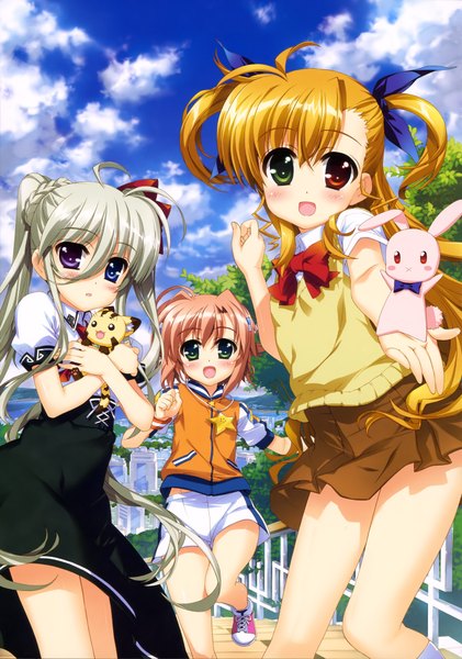 Anime picture 2876x4098 with mahou shoujo lyrical nanoha takamachi vivio einhart stratos miura rinaldi fujima takuya long hair tall image looking at viewer blush highres short hair open mouth blonde hair multiple girls green eyes pink hair sky cloud (clouds) white hair scan