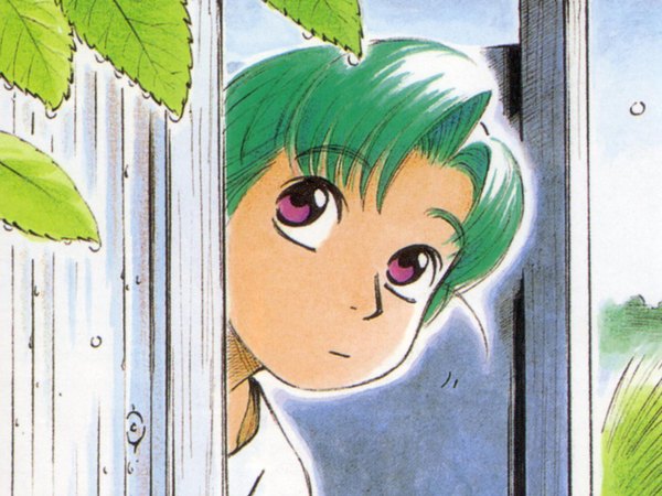 Anime picture 1600x1200 with yokohama kaidashi kikou hatsuseno alpha ashinano hitoshi single short hair purple eyes green hair looking up peeking girl leaf (leaves)