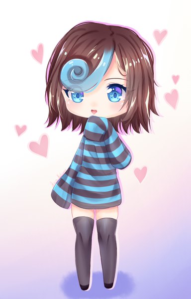 Anime picture 1600x2500 with original alterka single tall image blush fringe short hair open mouth blue eyes simple background hair between eyes brown hair signed blue hair full body multicolored hair two-tone hair streaked hair gradient background striped