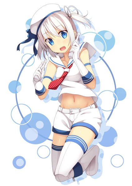 Anime picture 992x1403 with original papico (ice cream) papico samegami single tall image looking at viewer short hair open mouth blue eyes white hair girl thighhighs gloves white thighhighs necktie shorts beret sailor suit white shorts