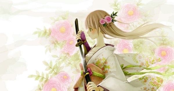 Anime picture 1900x1000 with original puna single long hair blush highres blue eyes blonde hair wide image looking away traditional clothes japanese clothes profile hair flower wind girl hair ornament flower (flowers) ribbon (ribbons) weapon