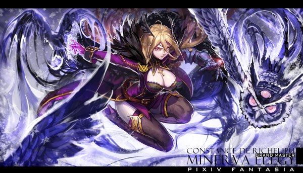 Anime picture 1500x860 with original pixiv fantasia pixiv fantasia t ryuuzaki ichi single long hair fringe breasts light erotic blonde hair wide image large breasts purple eyes looking away ahoge from above lips mole high heels mole under eye