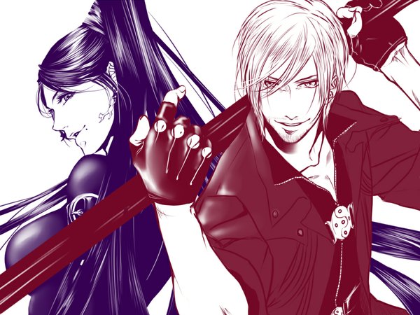 Anime picture 1024x768 with devil may cry bayonetta dante (devil may cry) bayonetta (character) long hair short hair smile monochrome eyeshadow girl boy earrings sword fingerless gloves