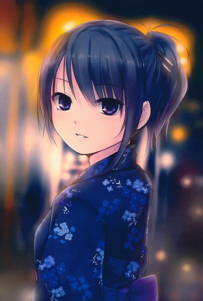 Anime picture 4387x6477 with original coffee-kizoku single long hair tall image looking at viewer fringe highres smile purple eyes blue hair absurdres ponytail traditional clothes japanese clothes looking back girl yukata