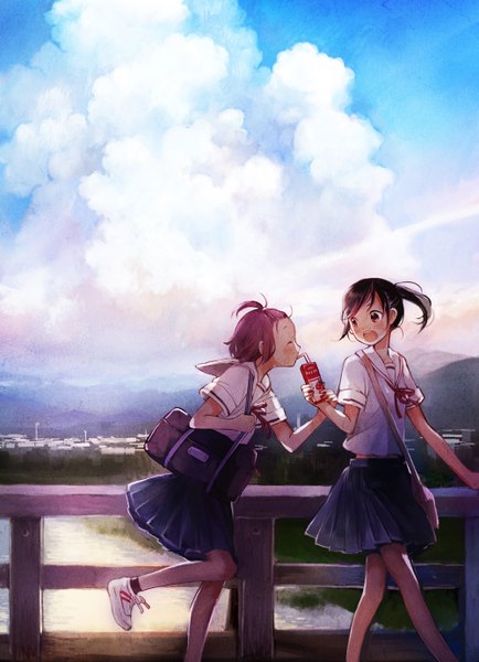 Anime picture 1000x1382 with original plasm (gyuunyuu) tall image blush short hair open mouth black hair multiple girls holding brown eyes pink hair sky cloud (clouds) ponytail eyes closed river drinking girl skirt uniform